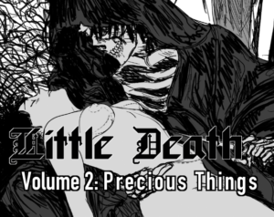 A promo image for Little Death with Ellery nude, draped over Callisto’s lap. Callisto is in a black robe, his face a skull, holding a dragged pointed at Ellery’s rib cage.