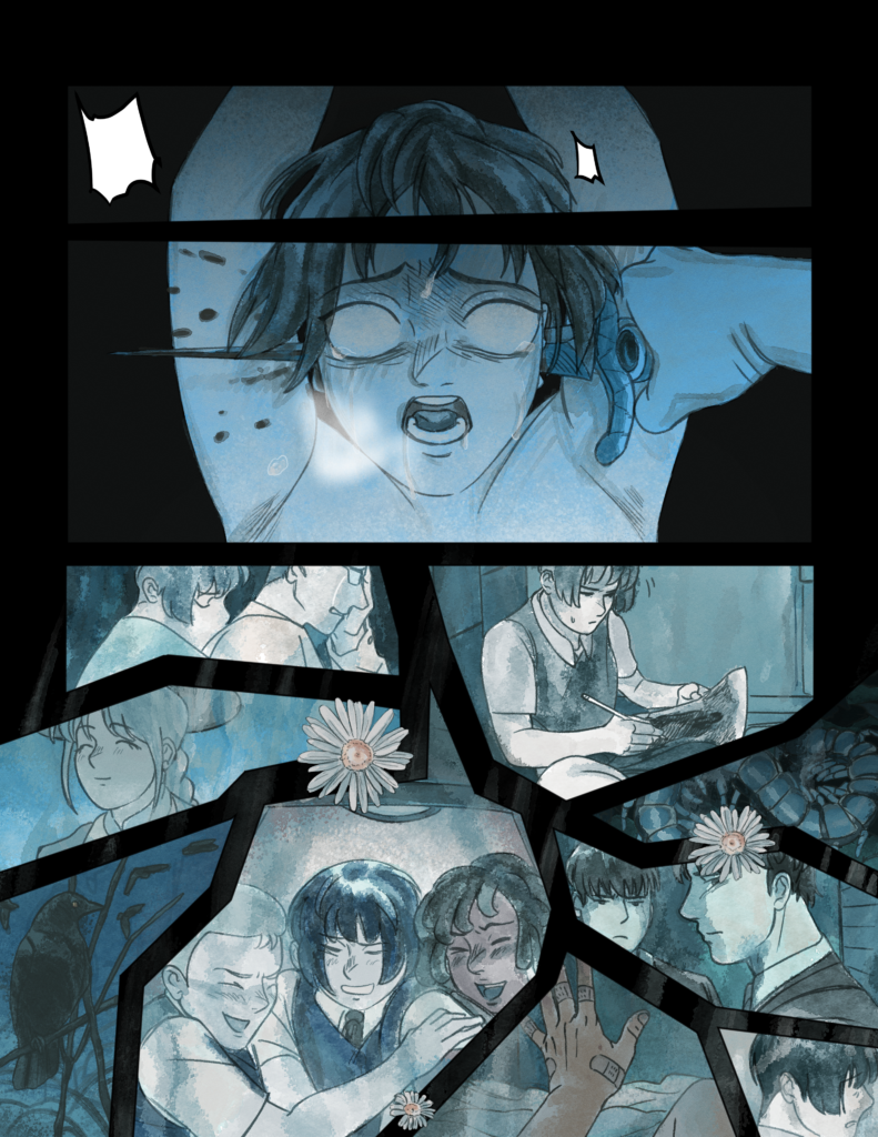 Little Death Chapter 2, Page 136. Ellery is stabbed through the skull. His memories break apart, panel by panel.