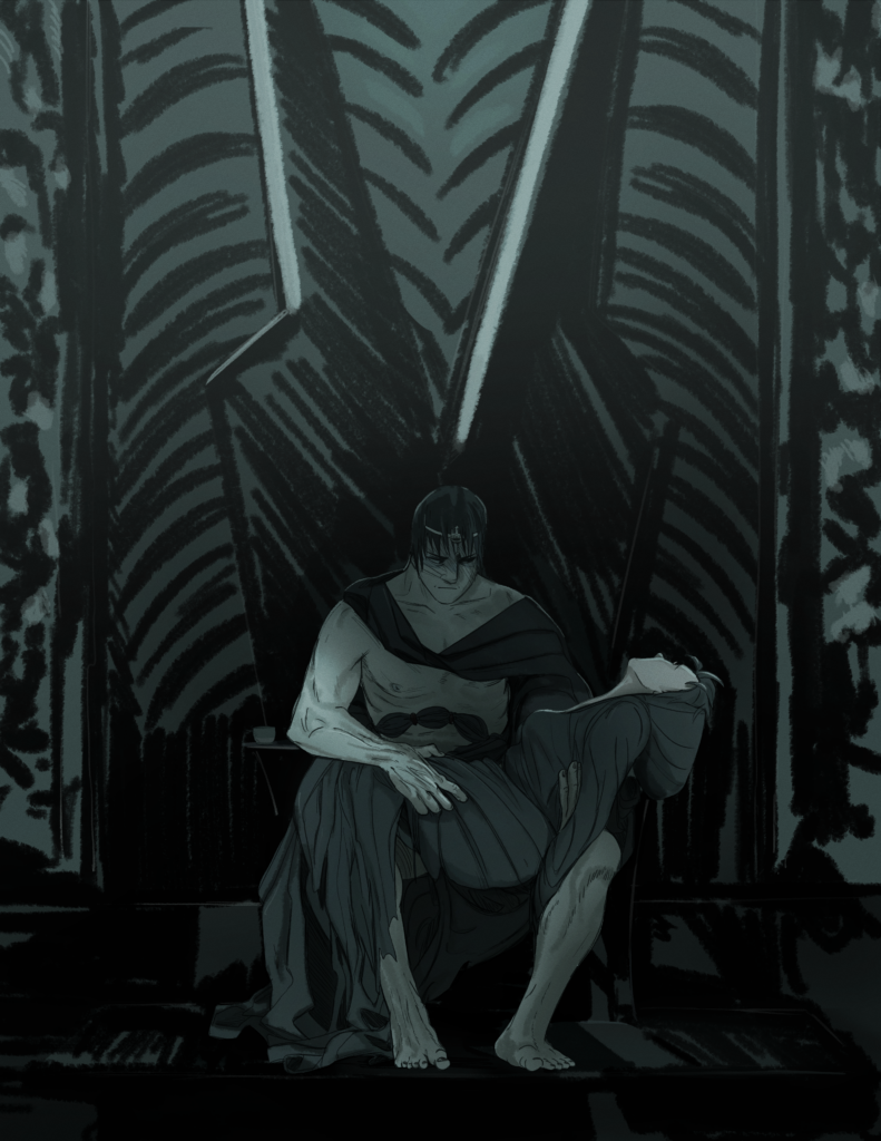 Page 139, Chapter 2 of Little Death. Callisto is sitting in the Great Hall of Kolgothoi Keep. Ellery’s limp unconscious body is in his arms. He is gazing sternly at the boy, waiting for him to wake up. It looks like a dark pieta.