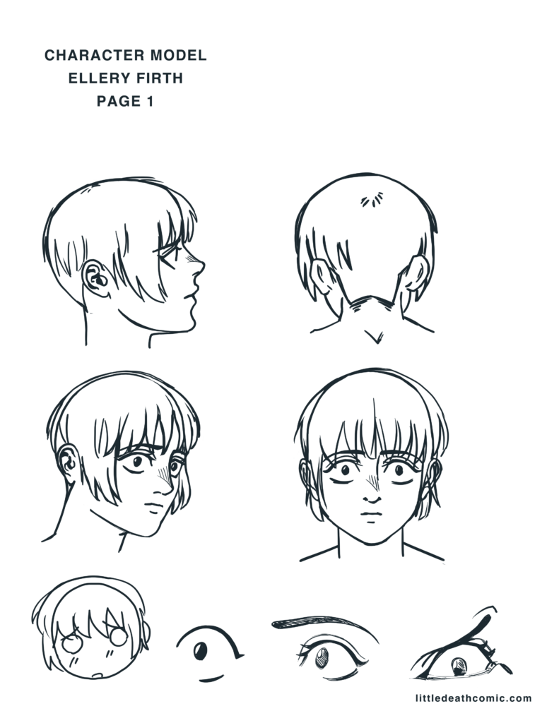 This is the Character Model sheet for Ellery’s head + turnaround + eyes + chibi. I drew this model sheet to help my workflow while doing page edits the digital comic Little Death Chapter 2: Precious Things.