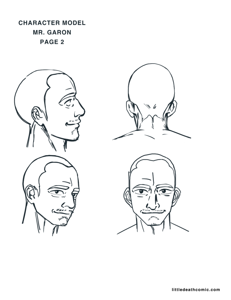 This is the Character Model sheet for Phil Garon’s head + turnaround. I drew this model sheet to help my workflow while doing page edits the digital comic Little Death Chapter 2: Precious Things.